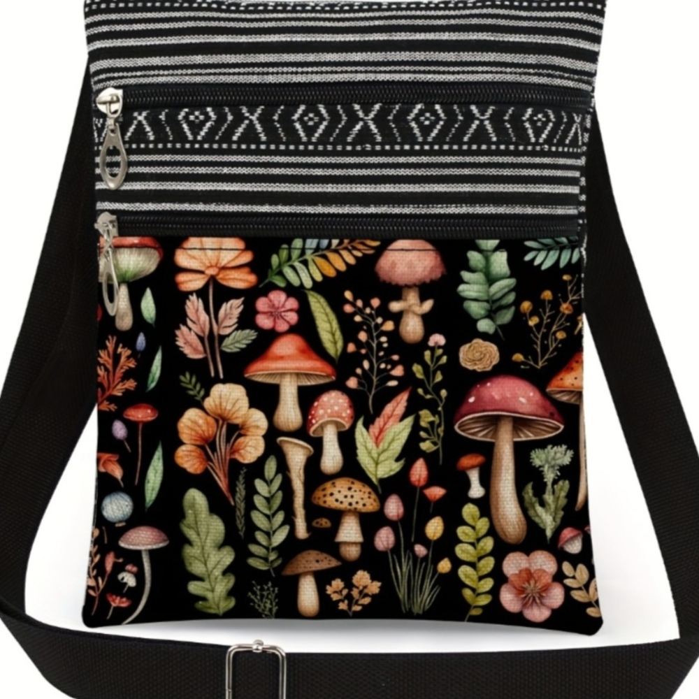 Black Floral and Mushroom Crossbody Bag